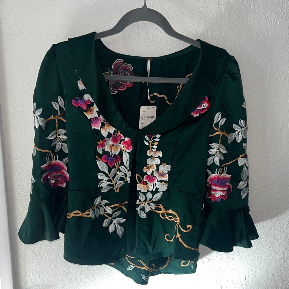 Free People Dark Green Floral Embroidered Blouse
